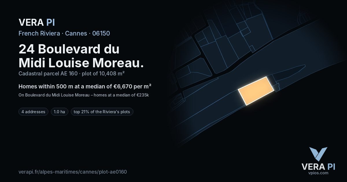 24 Boulevard du Midi Louise Moreau, Cannes at night – the plot lit, the parcels around coloured by the prices near them
