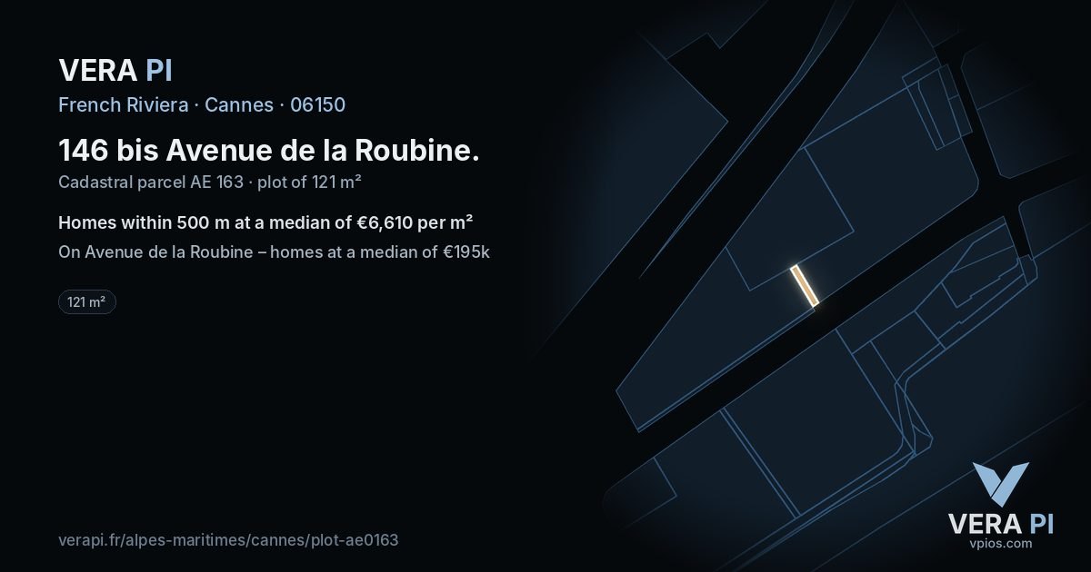 146 bis Avenue de la Roubine, Cannes at night – the plot lit, the parcels around coloured by the prices near them