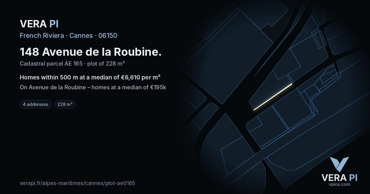 148 Avenue de la Roubine, Cannes at night – the plot lit, the parcels around coloured by the prices near them