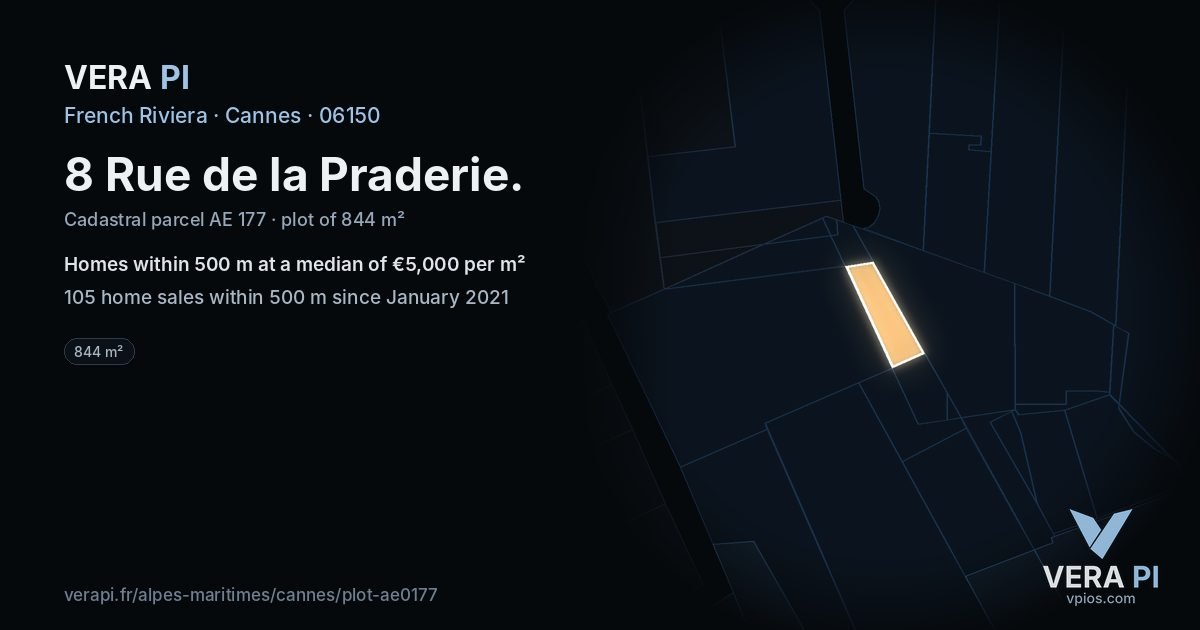 8 Rue de la Praderie, Cannes at night – the plot lit, the parcels around coloured by the prices near them