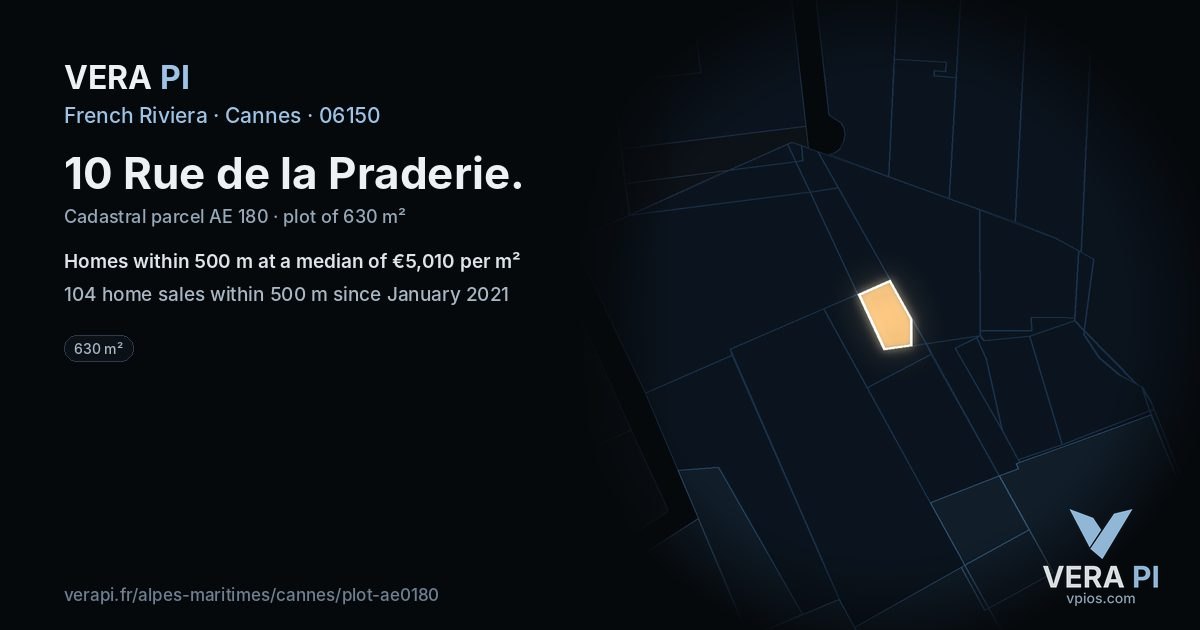 10 Rue de la Praderie, Cannes at night – the plot lit, the parcels around coloured by the prices near them