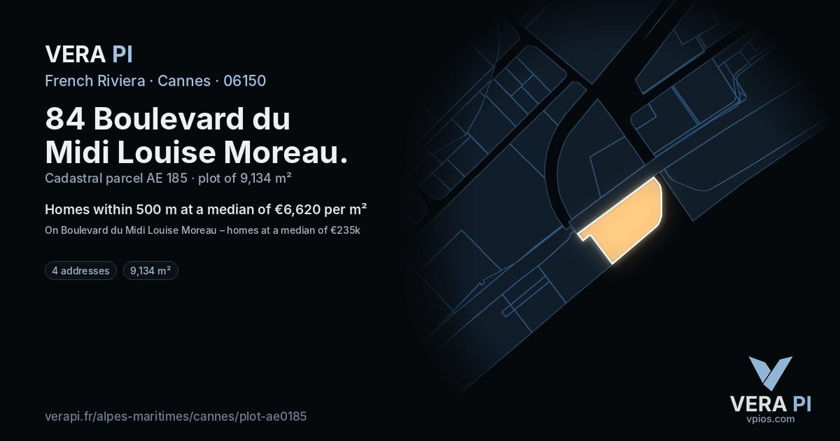 84 Boulevard du Midi Louise Moreau, Cannes at night – the plot lit, the parcels around coloured by the prices near them