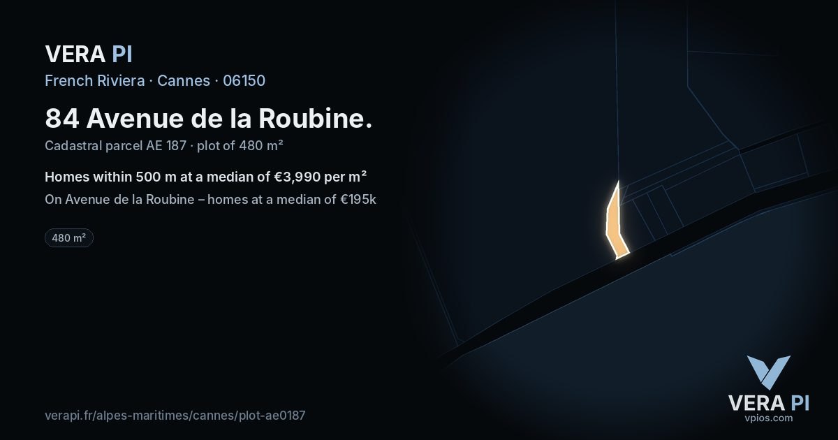 84 Avenue de la Roubine, Cannes at night – the plot lit, the parcels around coloured by the prices near them