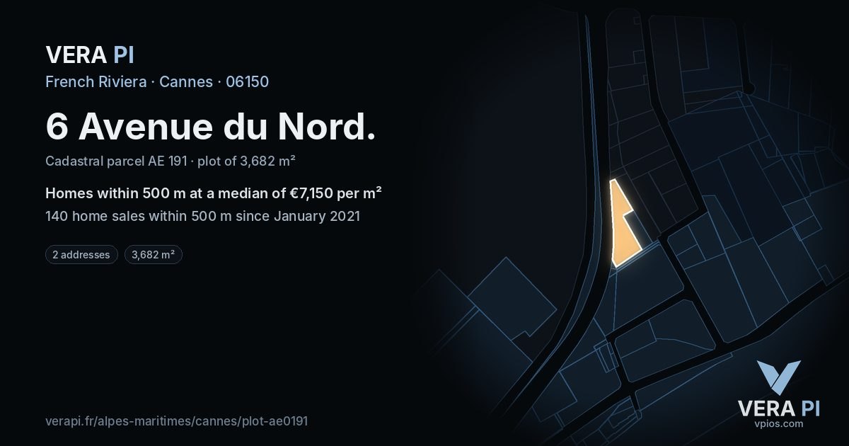 6 Avenue du Nord, Cannes at night – the plot lit, the parcels around coloured by the prices near them