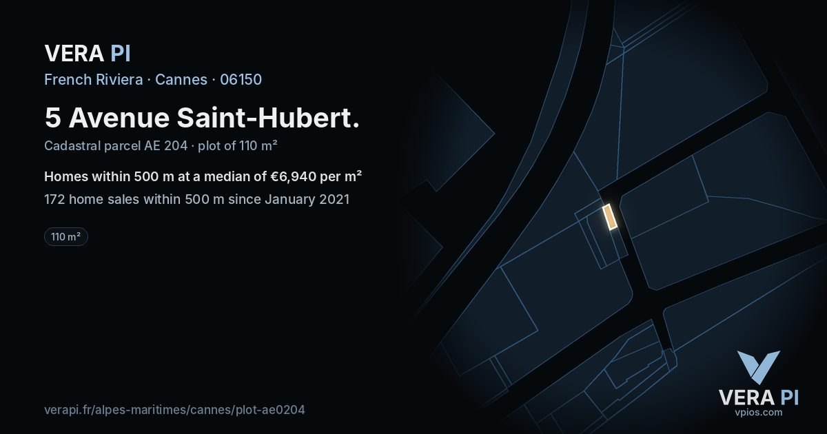 5 Avenue Saint-Hubert, Cannes at night – the plot lit, the parcels around coloured by the prices near them