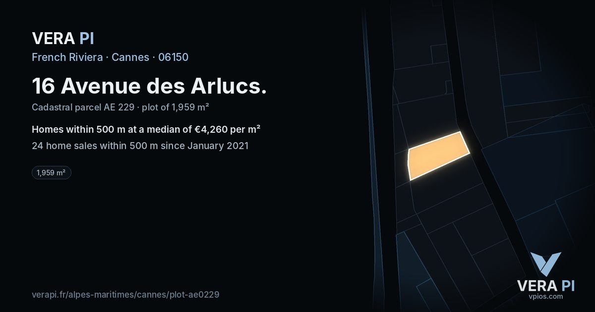 16 Avenue des Arlucs, Cannes at night – the plot lit, the parcels around coloured by the prices near them