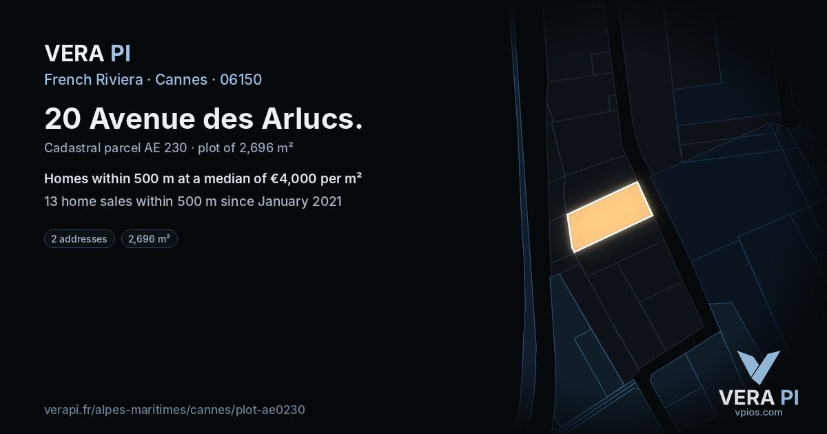 20 Avenue des Arlucs, Cannes at night – the plot lit, the parcels around coloured by the prices near them