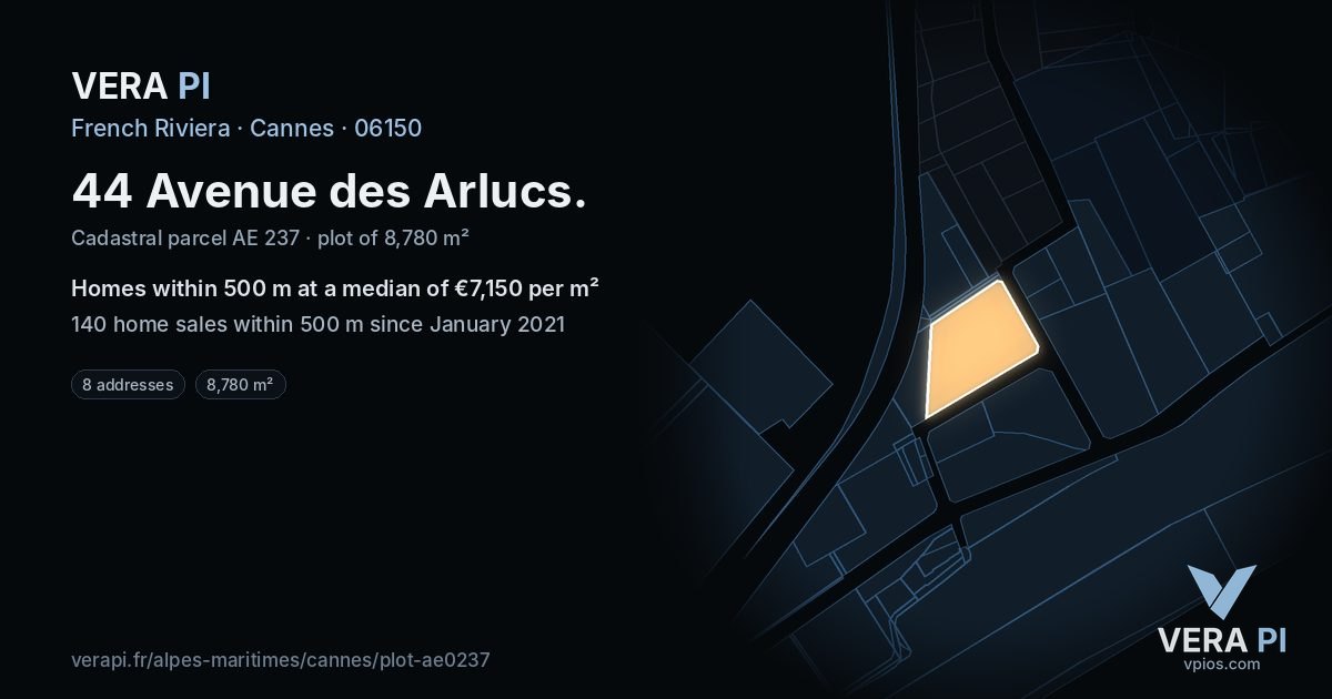 44 Avenue des Arlucs, Cannes at night – the plot lit, the parcels around coloured by the prices near them