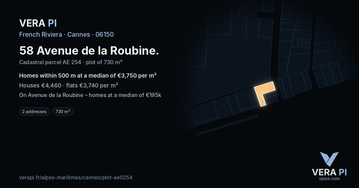 58 Avenue de la Roubine, Cannes at night – the plot lit, the parcels around coloured by the prices near them