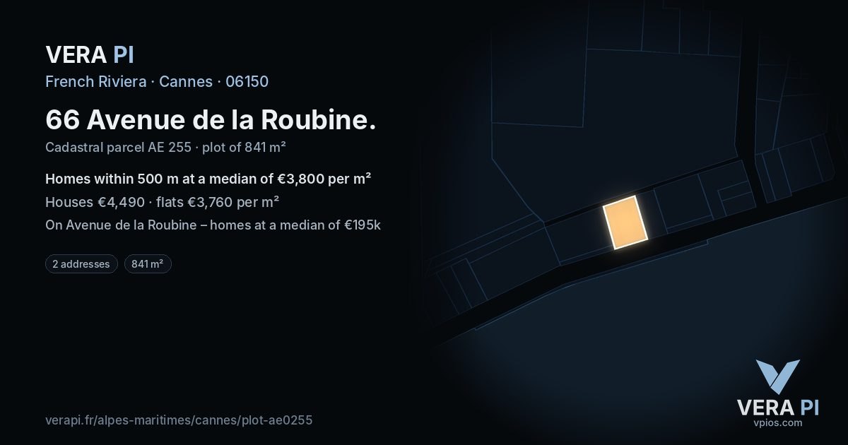 66 Avenue de la Roubine, Cannes at night – the plot lit, the parcels around coloured by the prices near them
