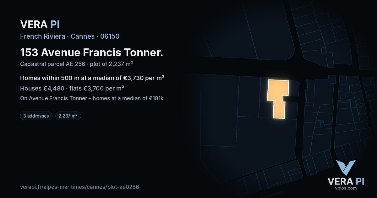 153 Avenue Francis Tonner, Cannes at night – the plot lit, the parcels around coloured by the prices near them
