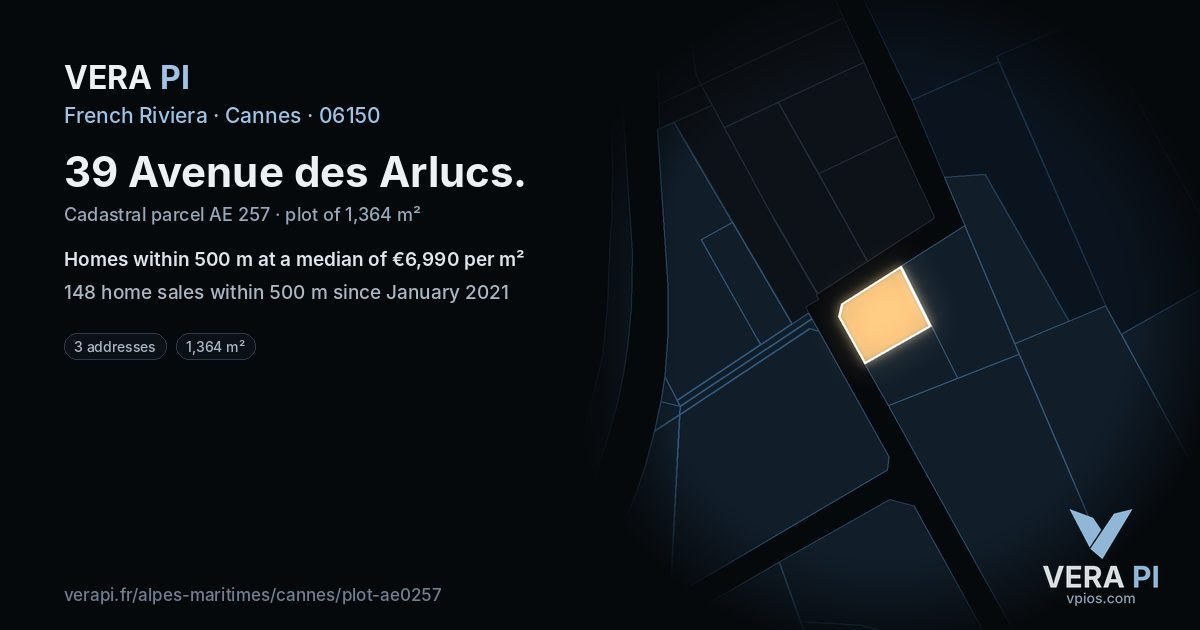39 Avenue des Arlucs, Cannes at night – the plot lit, the parcels around coloured by the prices near them