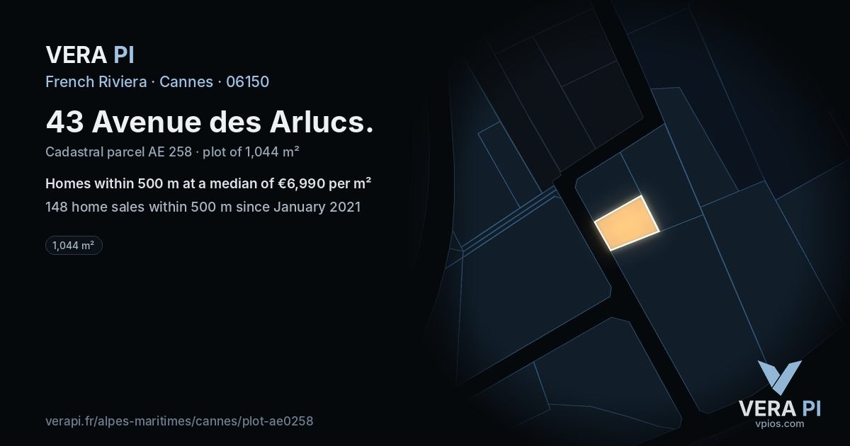 43 Avenue des Arlucs, Cannes at night – the plot lit, the parcels around coloured by the prices near them