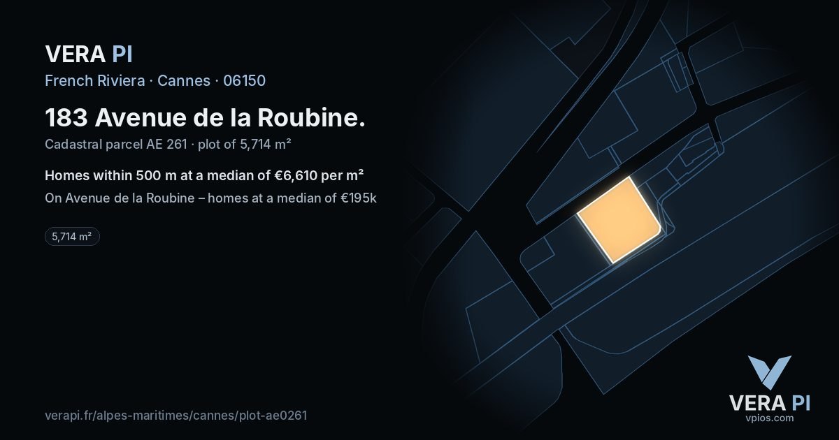 183 Avenue de la Roubine, Cannes at night – the plot lit, the parcels around coloured by the prices near them