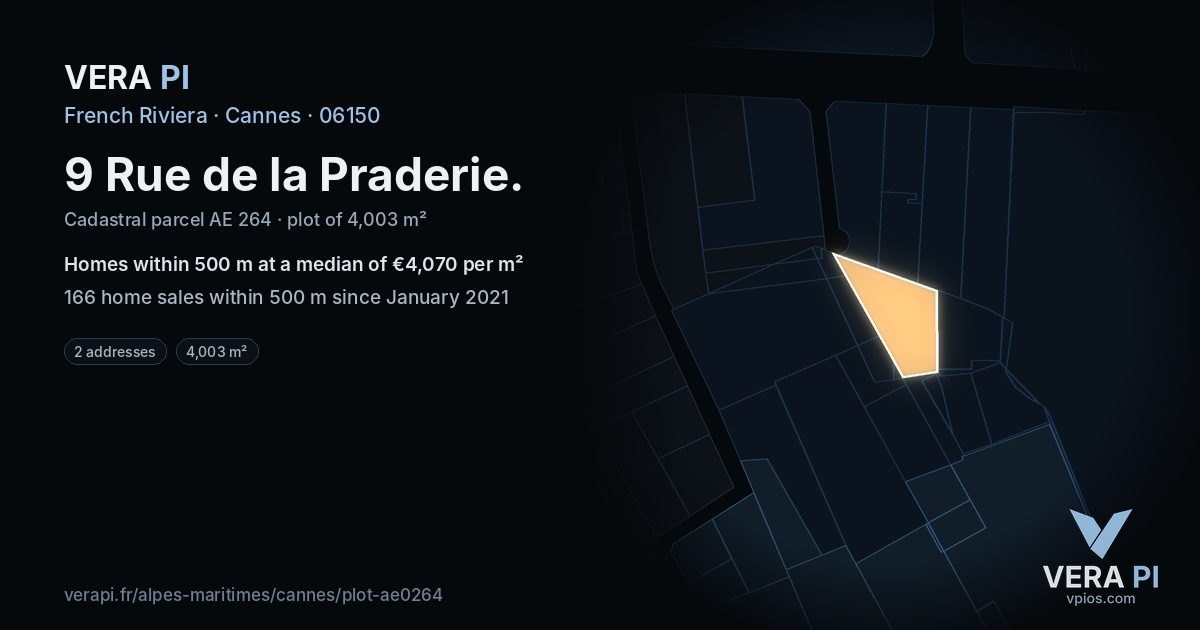 9 Rue de la Praderie, Cannes at night – the plot lit, the parcels around coloured by the prices near them