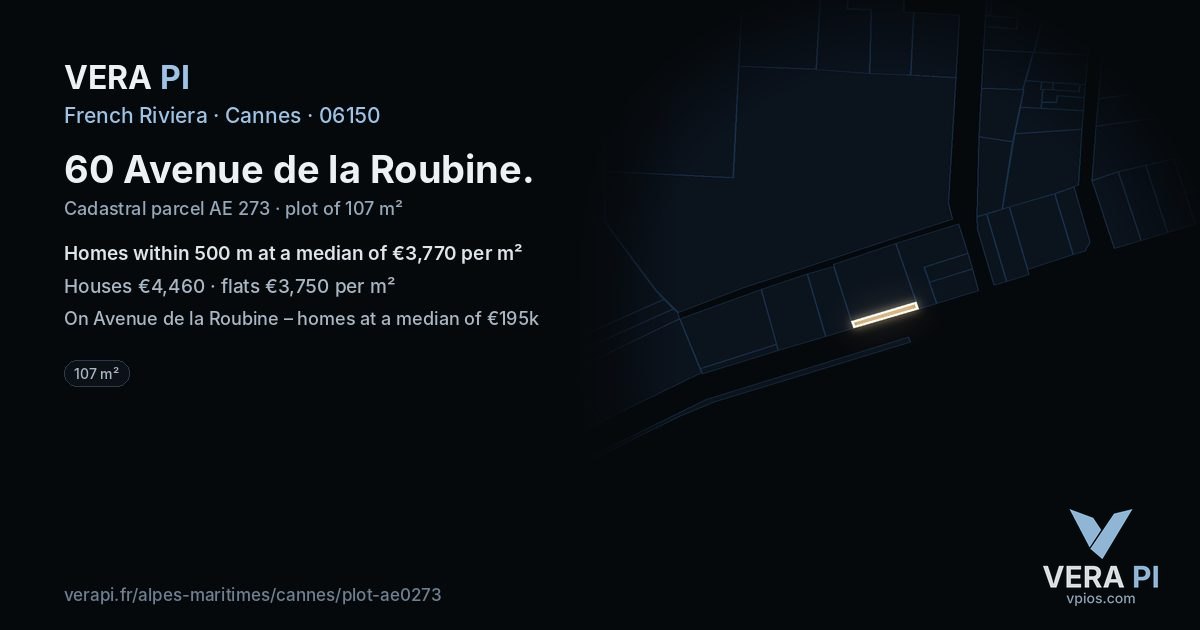 60 Avenue de la Roubine, Cannes at night – the plot lit, the parcels around coloured by the prices near them