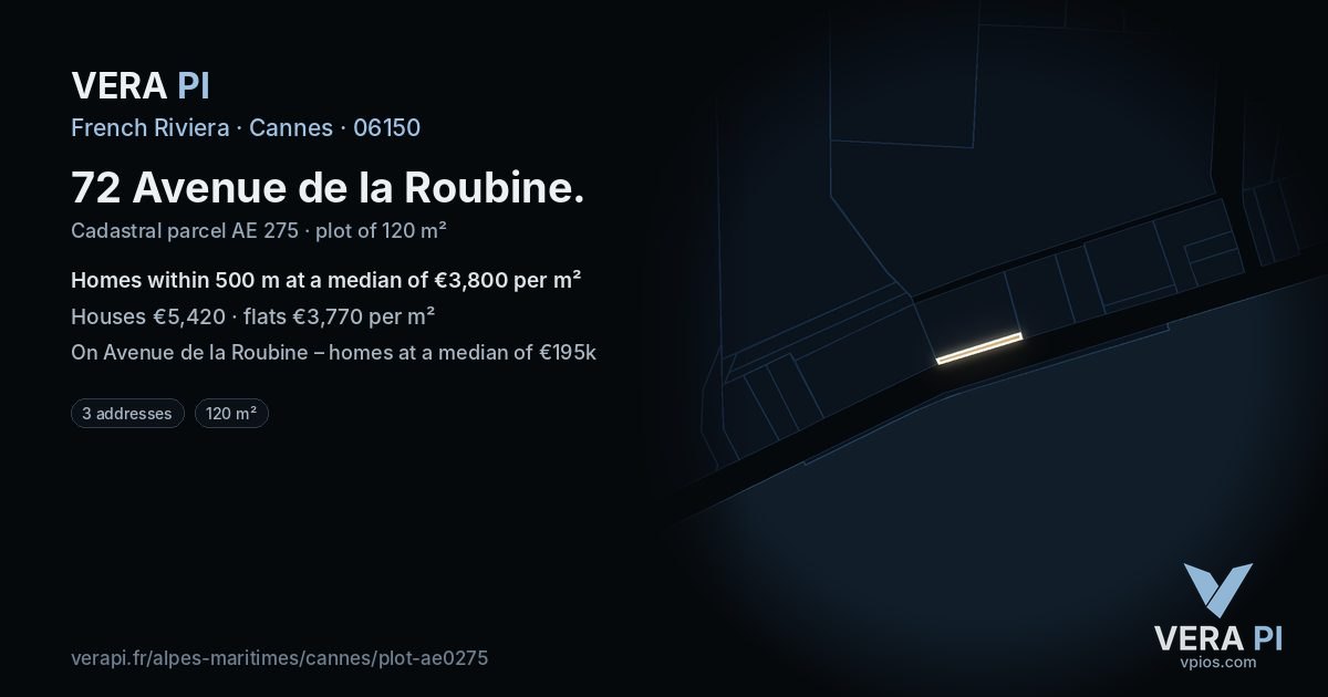 72 Avenue de la Roubine, Cannes at night – the plot lit, the parcels around coloured by the prices near them