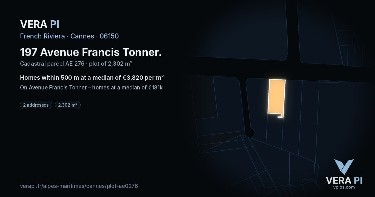 197 Avenue Francis Tonner, Cannes at night – the plot lit, the parcels around coloured by the prices near them