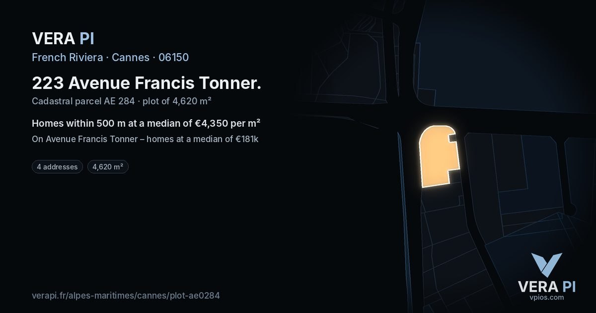 223 Avenue Francis Tonner, Cannes at night – the plot lit, the parcels around coloured by the prices near them