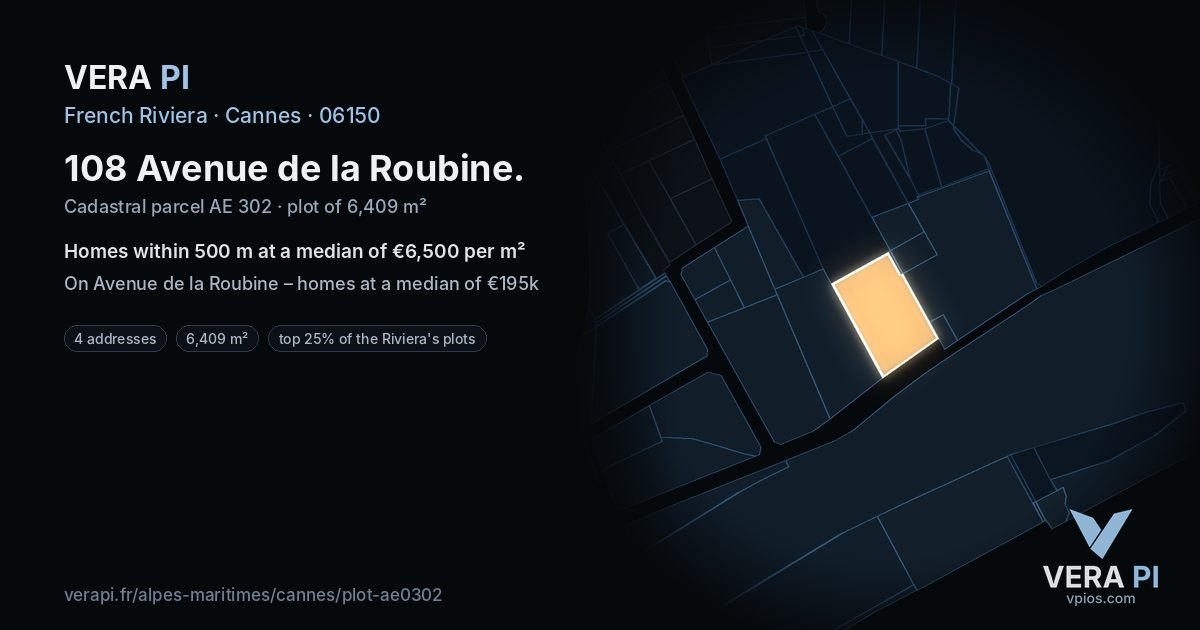 108 Avenue de la Roubine, Cannes at night – the plot lit, the parcels around coloured by the prices near them