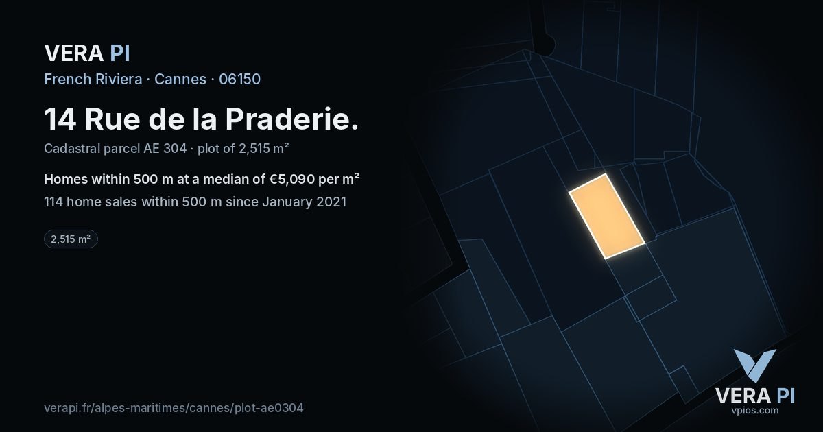 14 Rue de la Praderie, Cannes at night – the plot lit, the parcels around coloured by the prices near them