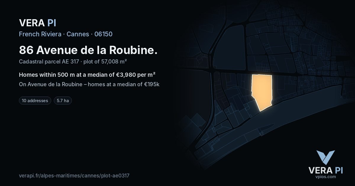 86 Avenue de la Roubine, Cannes at night – the plot lit, the parcels around coloured by the prices near them