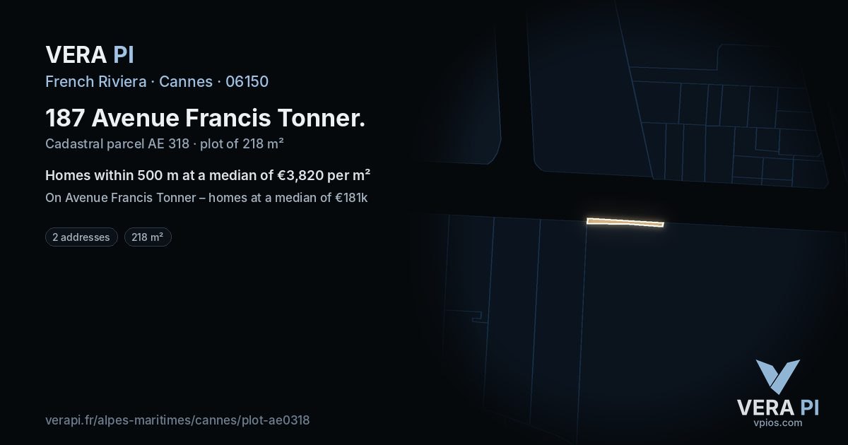 187 Avenue Francis Tonner, Cannes at night – the plot lit, the parcels around coloured by the prices near them