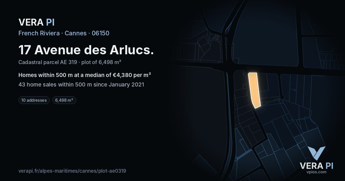 17 Avenue des Arlucs, Cannes at night – the plot lit, the parcels around coloured by the prices near them