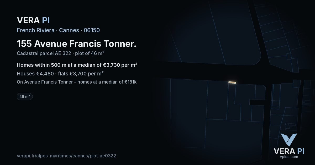 155 Avenue Francis Tonner, Cannes at night – the plot lit, the parcels around coloured by the prices near them