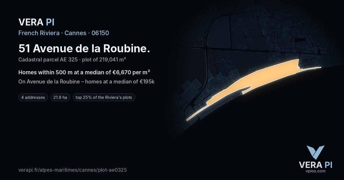 51 Avenue de la Roubine, Cannes at night – the plot lit, the parcels around coloured by the prices near them