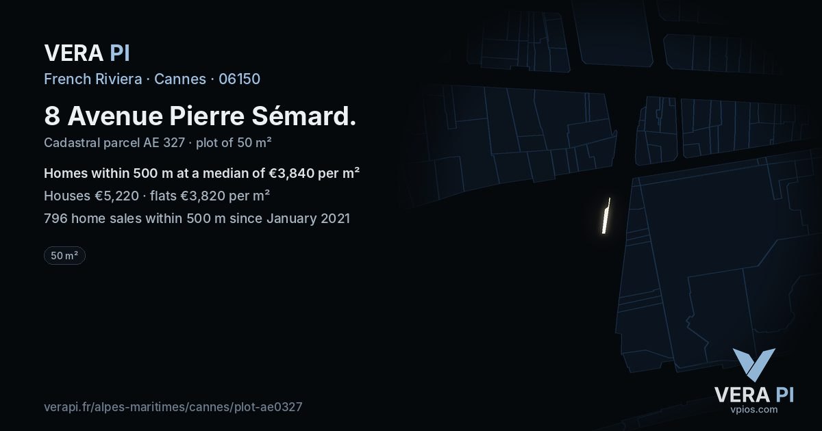 8 Avenue Pierre Sémard, Cannes at night – the plot lit, the parcels around coloured by the prices near them