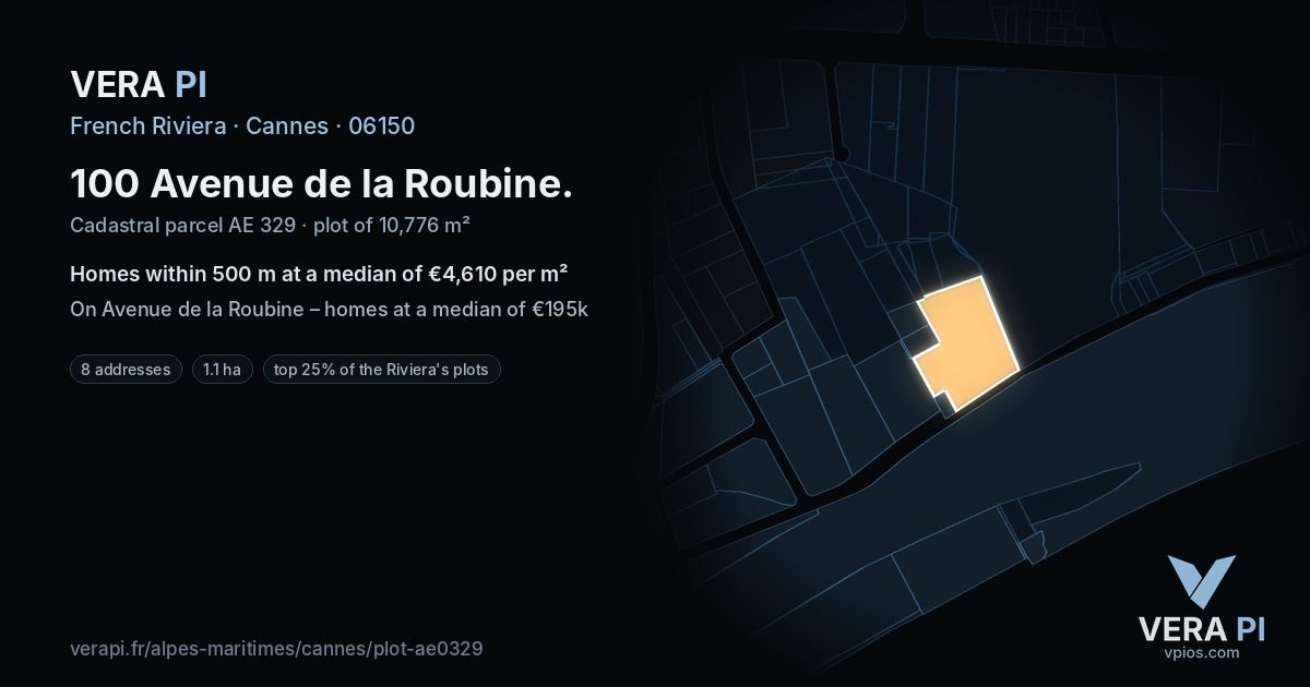 100 Avenue de la Roubine, Cannes at night – the plot lit, the parcels around coloured by the prices near them