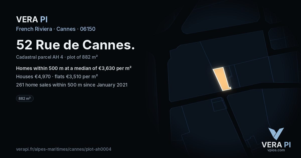 52 Rue de Cannes, Cannes at night – the plot lit, the parcels around coloured by the prices near them