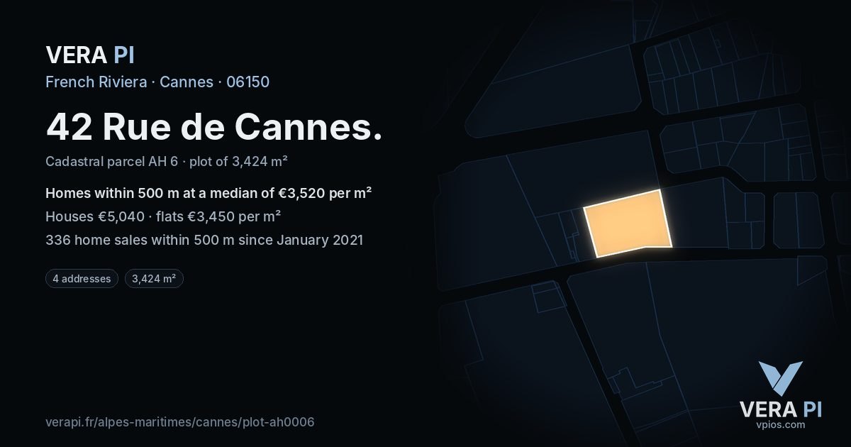 42 Rue de Cannes, Cannes at night – the plot lit, the parcels around coloured by the prices near them