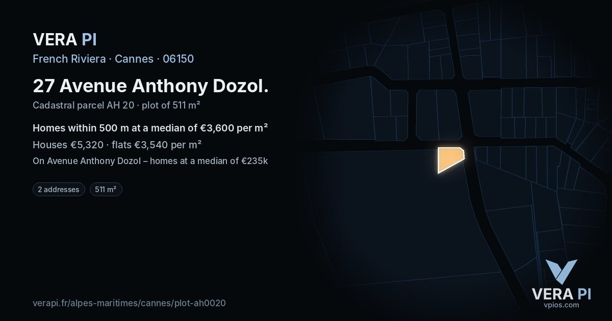 27 Avenue Anthony Dozol, Cannes at night – the plot lit, the parcels around coloured by the prices near them