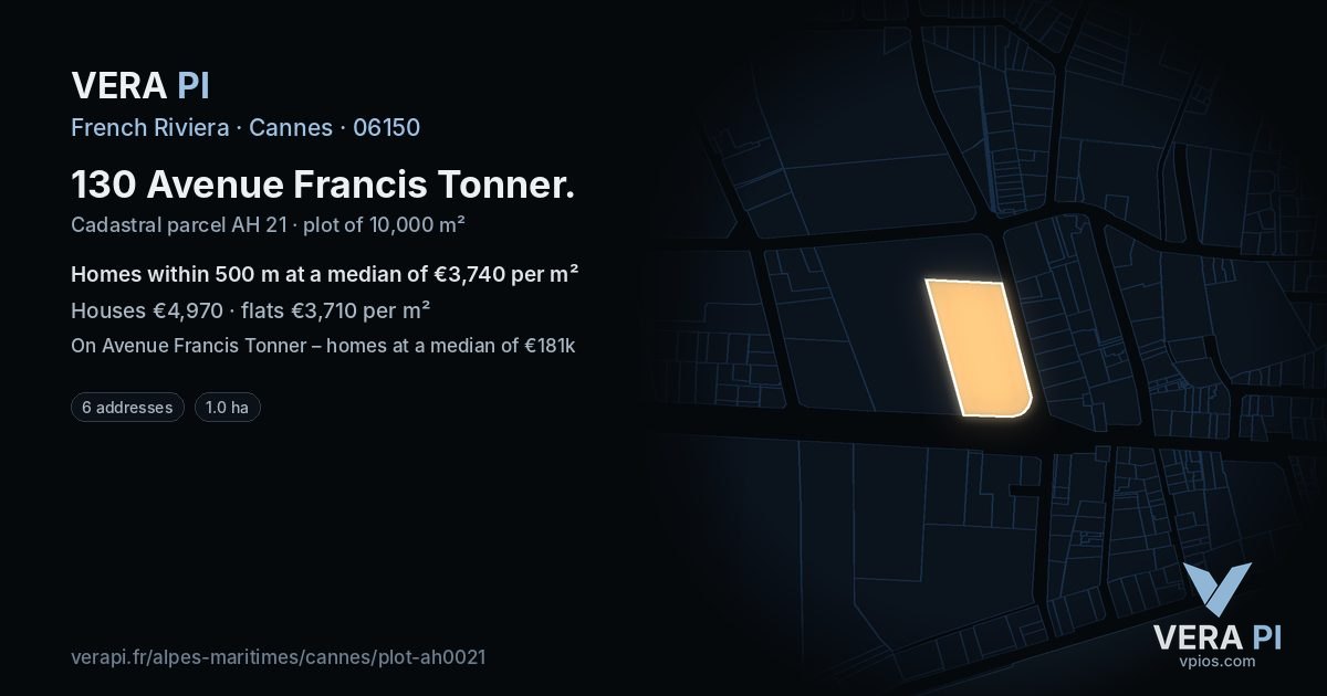 130 Avenue Francis Tonner, Cannes at night – the plot lit, the parcels around coloured by the prices near them