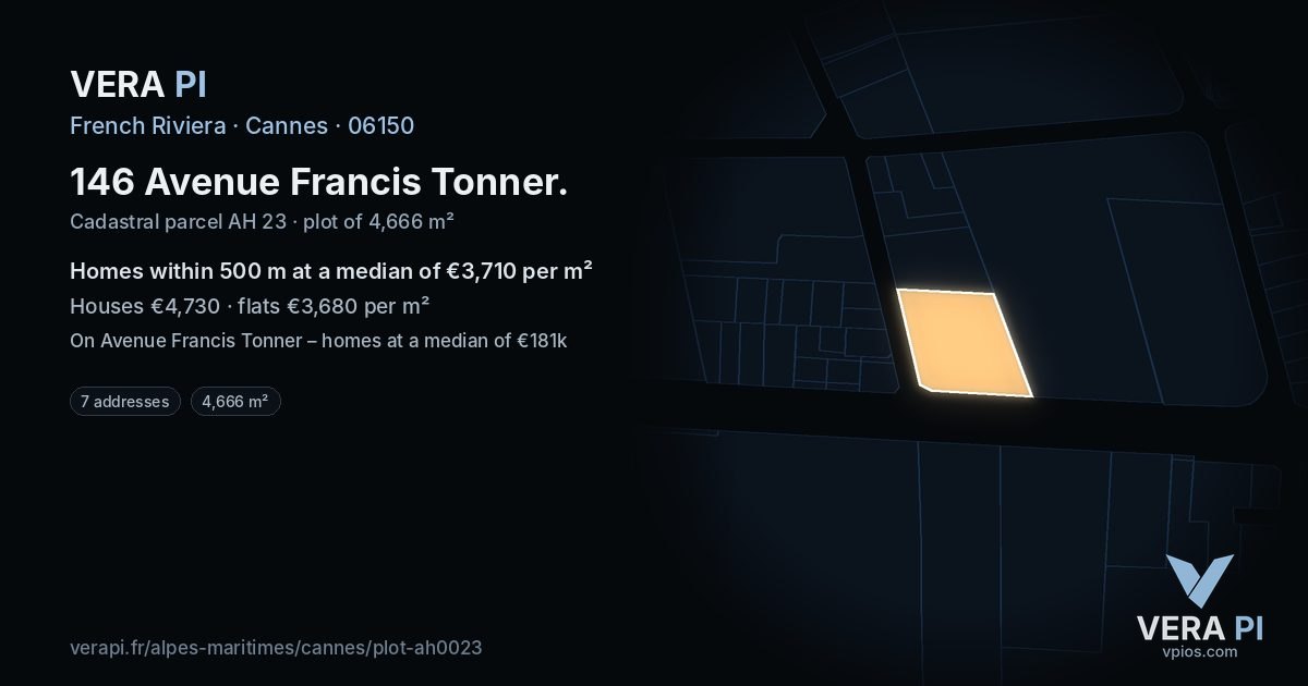 146 Avenue Francis Tonner, Cannes at night – the plot lit, the parcels around coloured by the prices near them