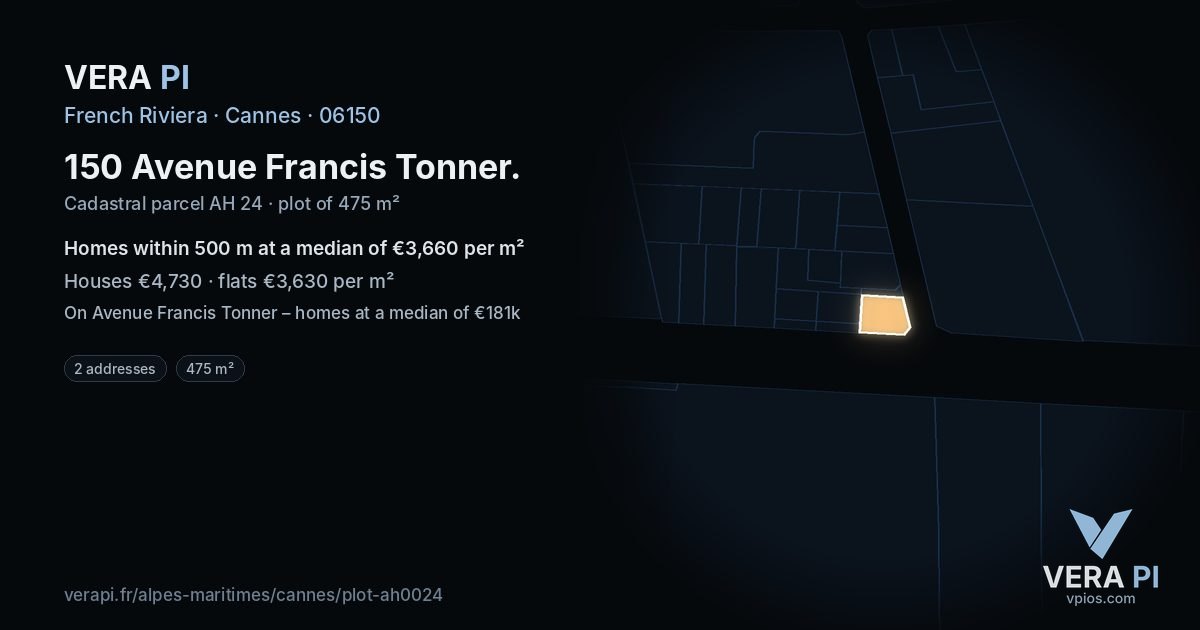 150 Avenue Francis Tonner, Cannes at night – the plot lit, the parcels around coloured by the prices near them