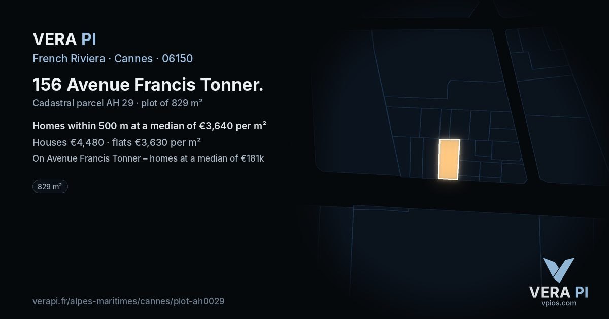 156 Avenue Francis Tonner, Cannes at night – the plot lit, the parcels around coloured by the prices near them