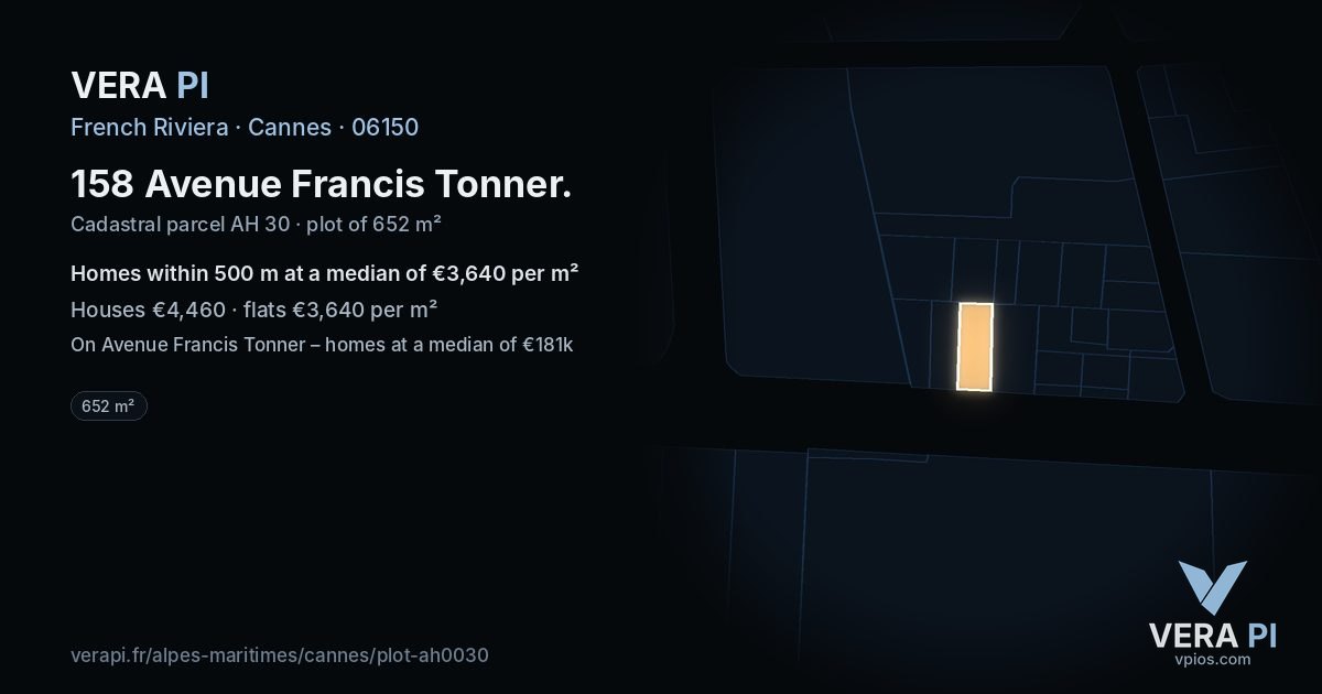 158 Avenue Francis Tonner, Cannes at night – the plot lit, the parcels around coloured by the prices near them