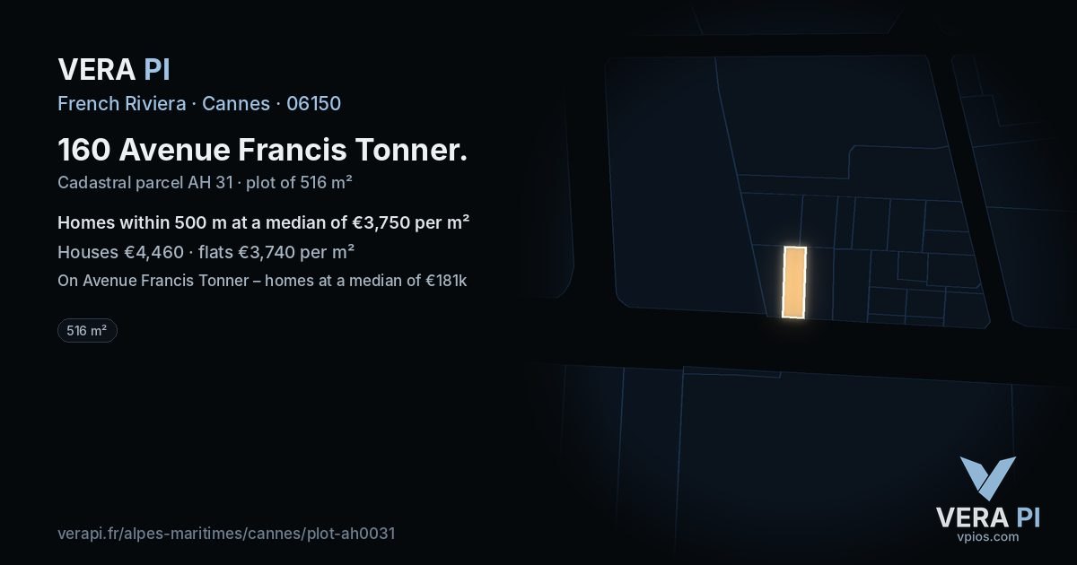 160 Avenue Francis Tonner, Cannes at night – the plot lit, the parcels around coloured by the prices near them