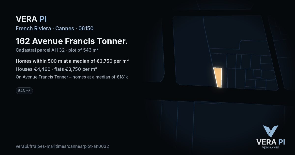 162 Avenue Francis Tonner, Cannes at night – the plot lit, the parcels around coloured by the prices near them