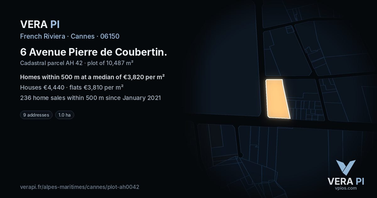 6 Avenue Pierre de Coubertin, Cannes at night – the plot lit, the parcels around coloured by the prices near them