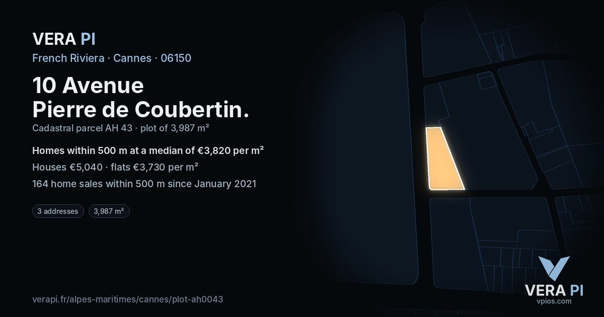 10 Avenue Pierre de Coubertin, Cannes at night – the plot lit, the parcels around coloured by the prices near them