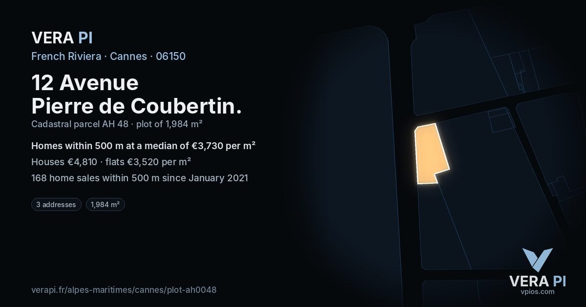12 Avenue Pierre de Coubertin, Cannes at night – the plot lit, the parcels around coloured by the prices near them