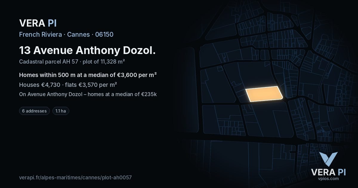 13 Avenue Anthony Dozol, Cannes at night – the plot lit, the parcels around coloured by the prices near them