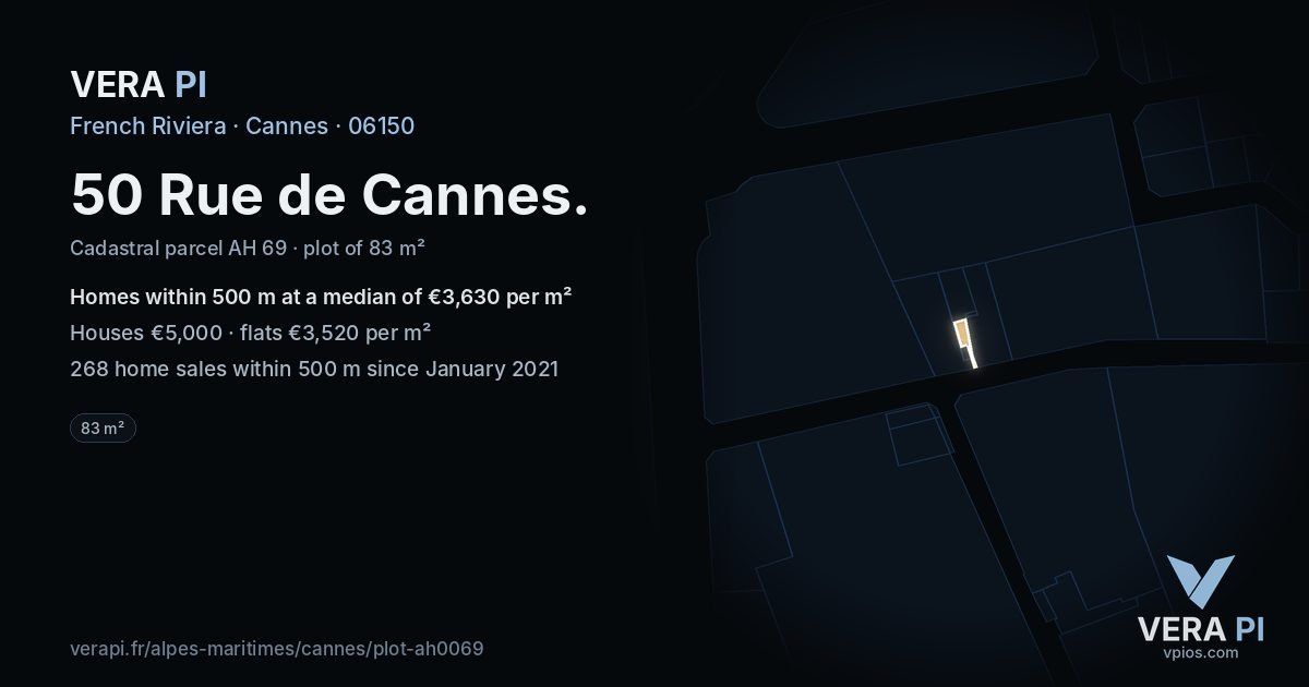 50 Rue de Cannes, Cannes at night – the plot lit, the parcels around coloured by the prices near them