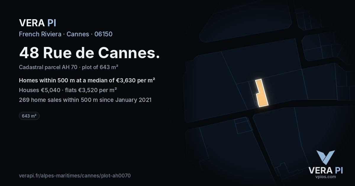 48 Rue de Cannes, Cannes at night – the plot lit, the parcels around coloured by the prices near them
