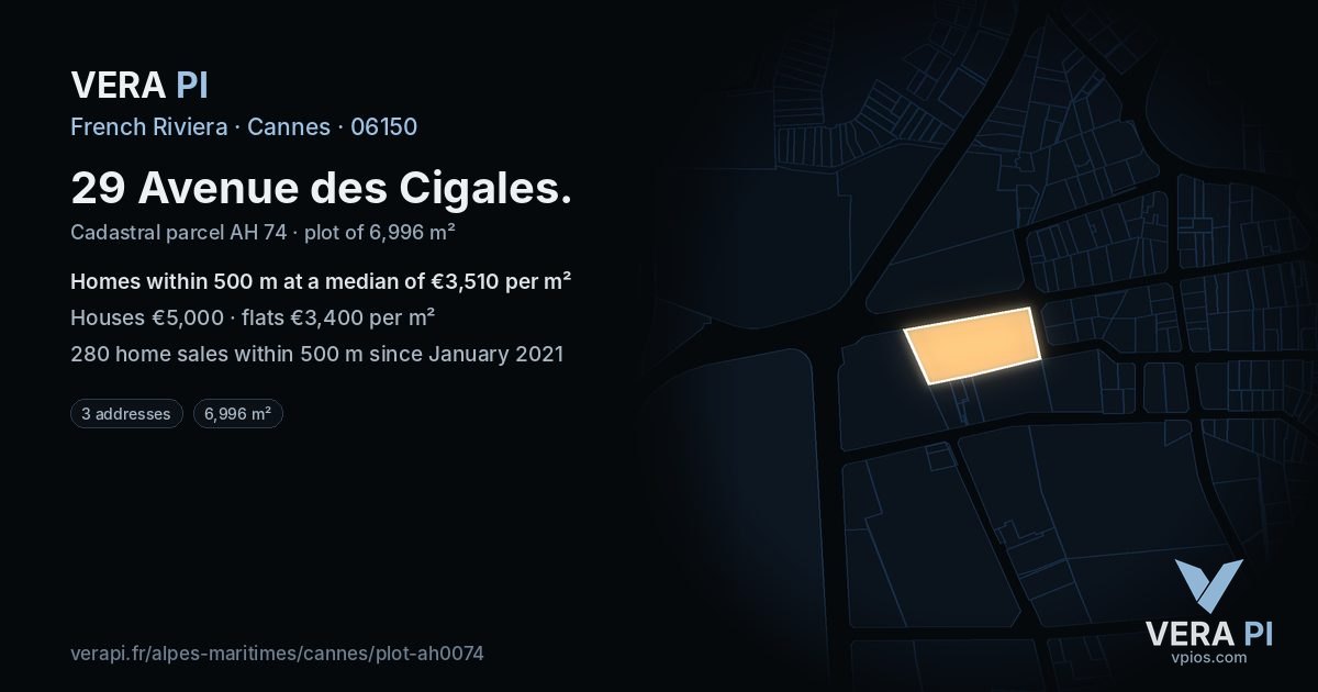 29 Avenue des Cigales, Cannes at night – the plot lit, the parcels around coloured by the prices near them