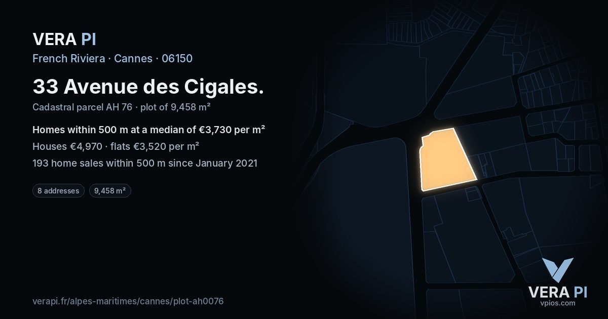 33 Avenue des Cigales, Cannes at night – the plot lit, the parcels around coloured by the prices near them